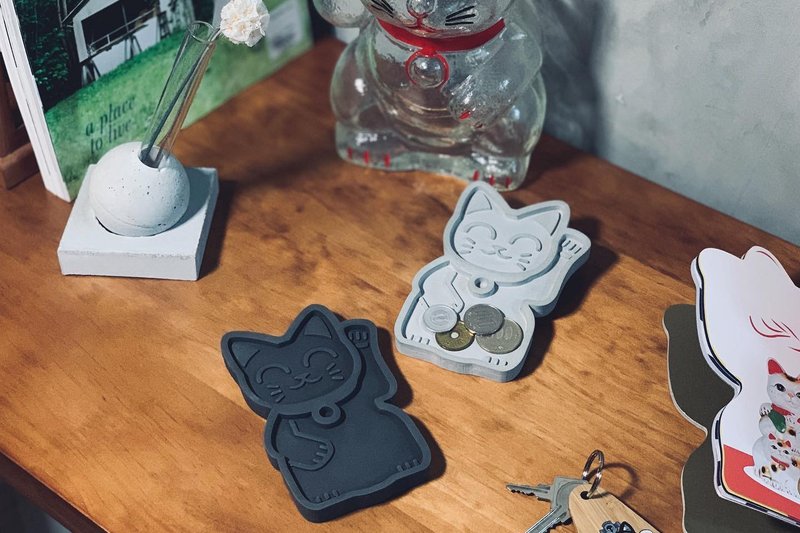 招财猫 手工水泥置物碟 【浅灰 / 深灰】 - 收纳用品 - 水泥 灰色