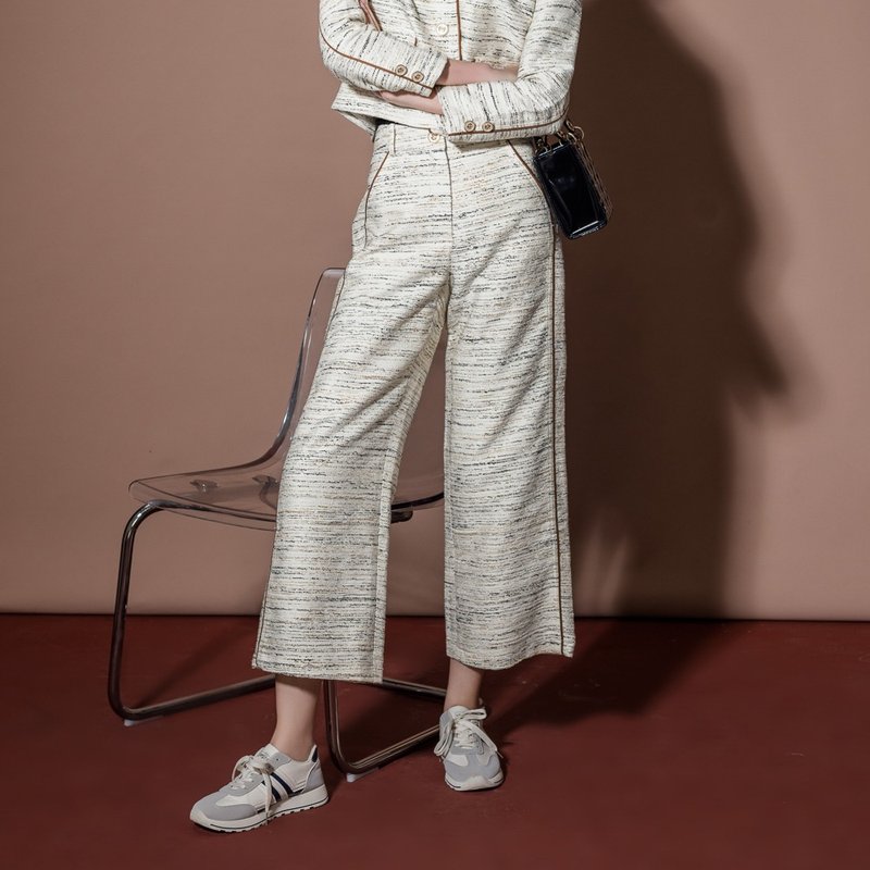 【MEDUSA】米白滚边毛长宽裤(M-XL) | 女西装长裤 女上班穿搭 - 女装长裤 - 棉．麻 白色