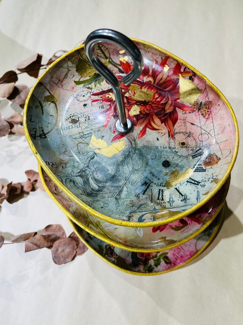 金箔芍药三层点心盘 下午茶 托盘 纸艺拼贴 蝶古巴特 - 托盘/砧板 - 玻璃 透明