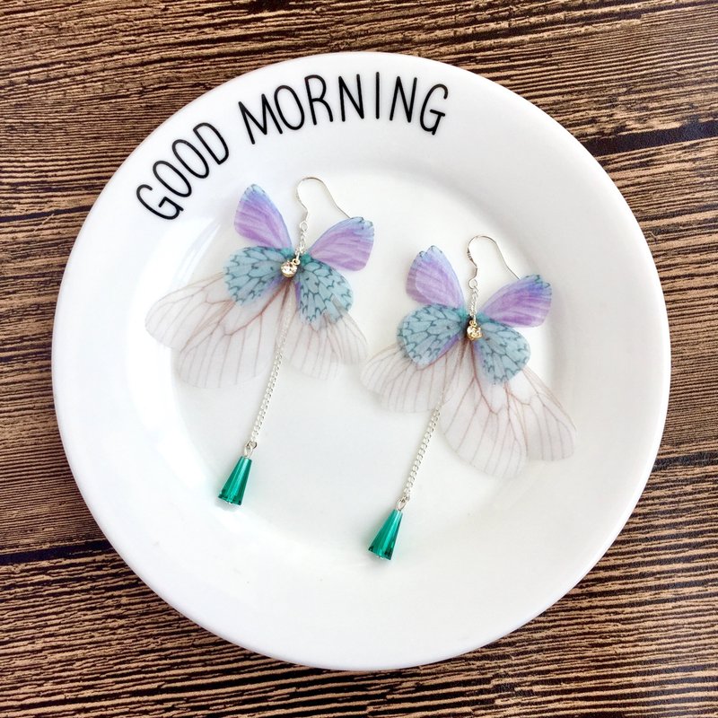 ❤️【任意2件9折！！】【真丝蝴蝶】原创手工手作水钻水晶撞色渐变色纯银仿真斑纹蝴蝶蜻蜓翅膀耳钩耳环耳钉耳夹式无耳洞交换礼物 - 耳环/耳夹 - 其他材质 