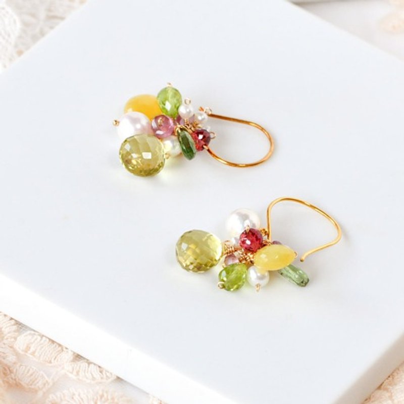lemon quartz bouquet earrings 14kgf - 耳环/耳夹 - 宝石 