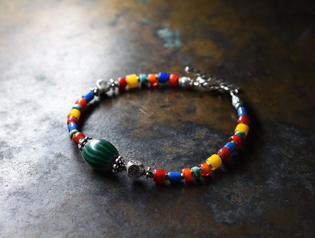 Watermelon, colorful white hearts, turquoise, Karen Silver bracelet - 手链/手环 - 玻璃 多色