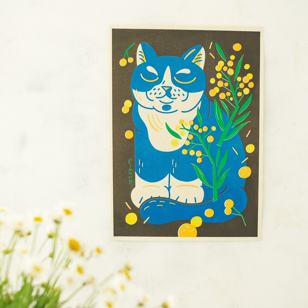 猫与花海报 / 炭吉金合欢 / A4 孔版印刷 - 海报/装饰画/版画 - 纸 黑色