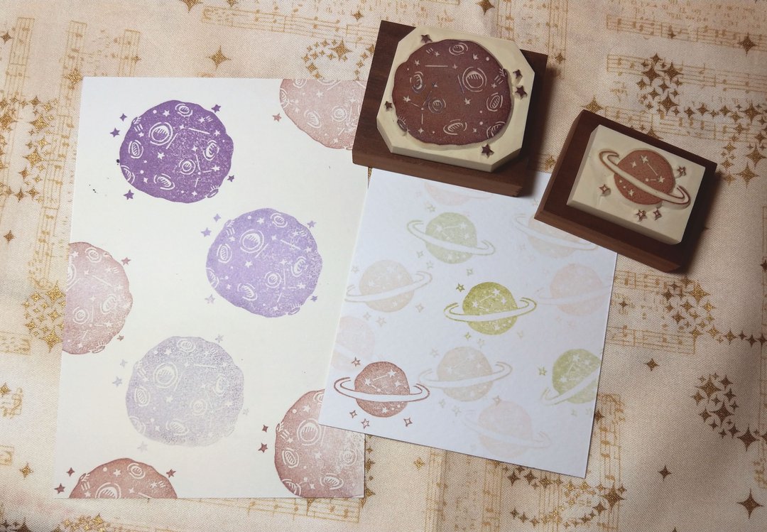 | 展示作品 | 大星球 小星球 手刻印章 橡皮章 - 印章/印台 - 木头 蓝色