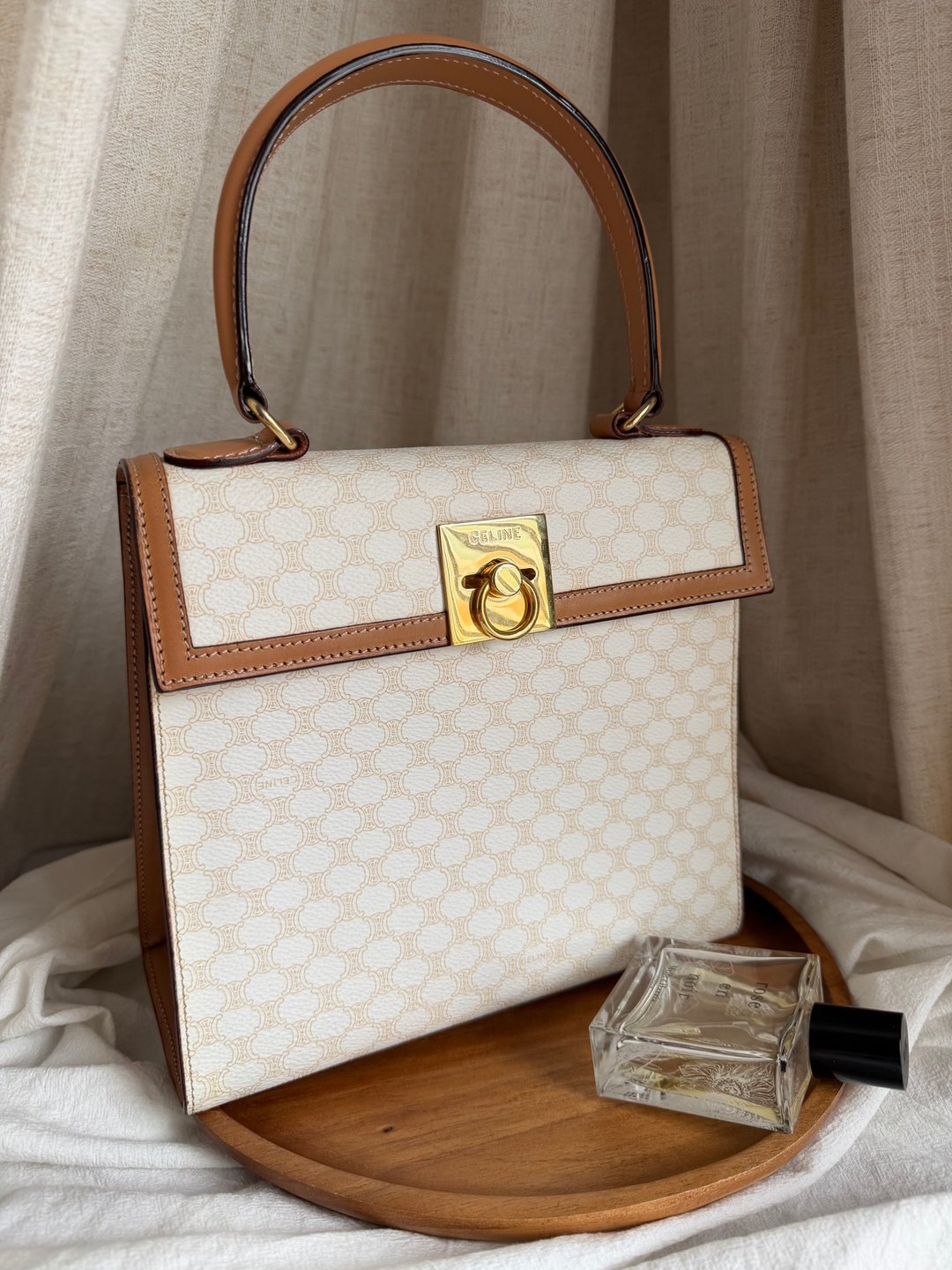 稀有中古包Vintage Celine 白色老花手提包Kelly Bag - 手提包/手提袋 - 防水材质 