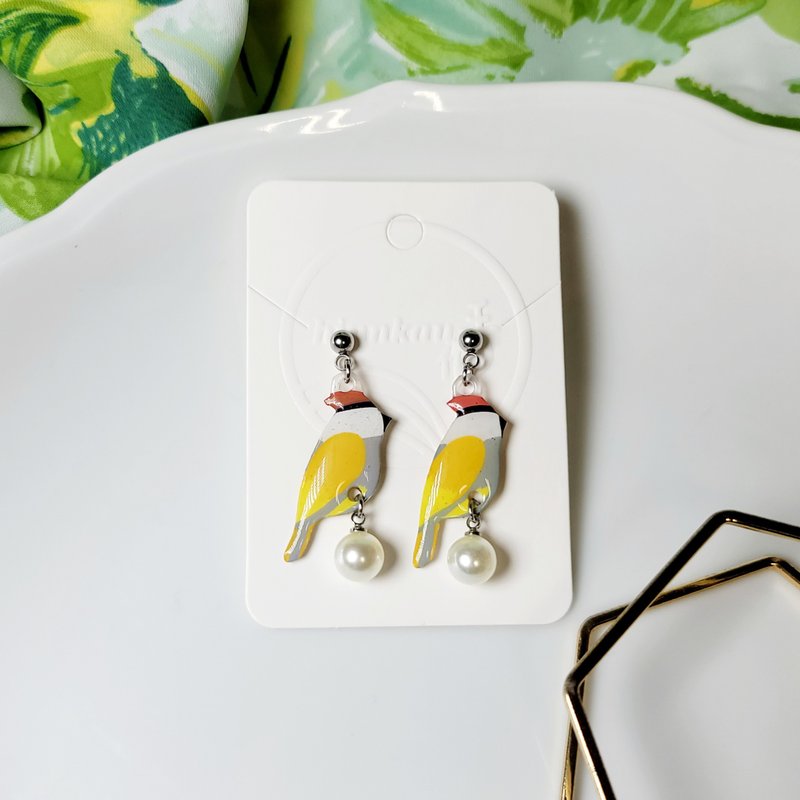 小森林 火冠戴菊 手绘热缩片 耳环 - 耳环/耳夹 - 不锈钢 多色