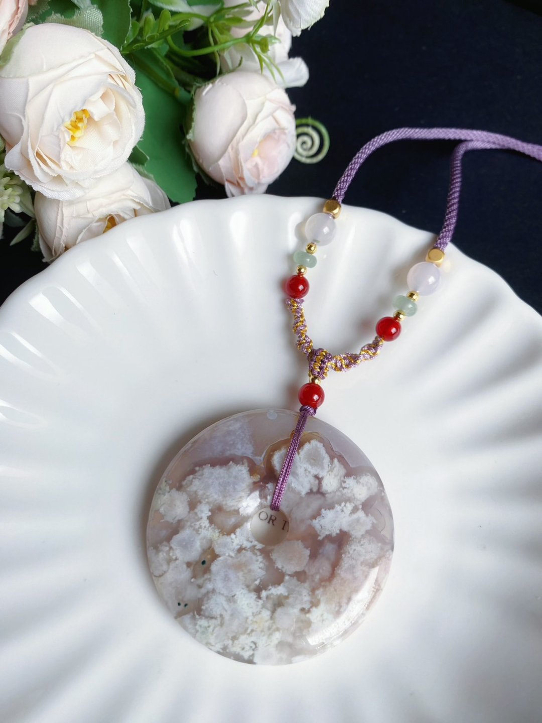 樱花玛瑙 灰冰水中花 平安扣 项链 设计款 天然石 礼物 - 挂绳/吊绳 - 水晶 紫色