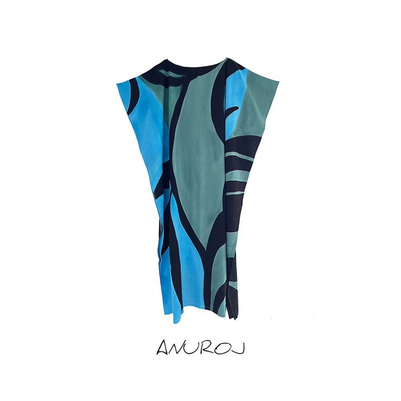 Hand Painted Cotton Silk Kaftan for Summer Resort Vacation F - 洋装/连衣裙 - 棉．麻 蓝色
