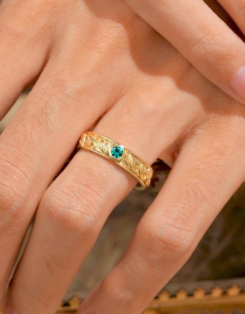 Men's Alexandrite Leaf Band | 14k Gold Ring | Green Gemstone - 对戒 - 纯银 绿色