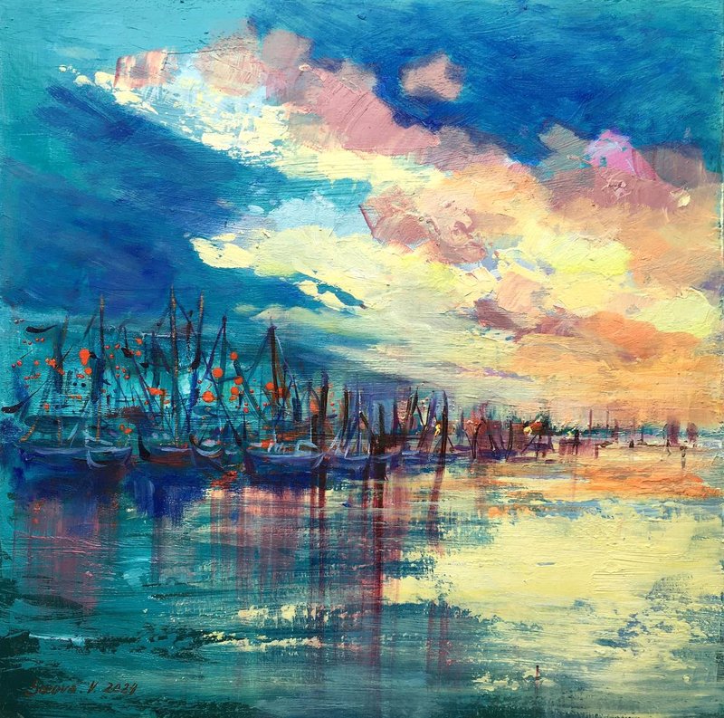 蓝色风景画 原创艺术 风景 海景 帆船 挂饰 - 墙贴/壁贴 - 其他材质 蓝色