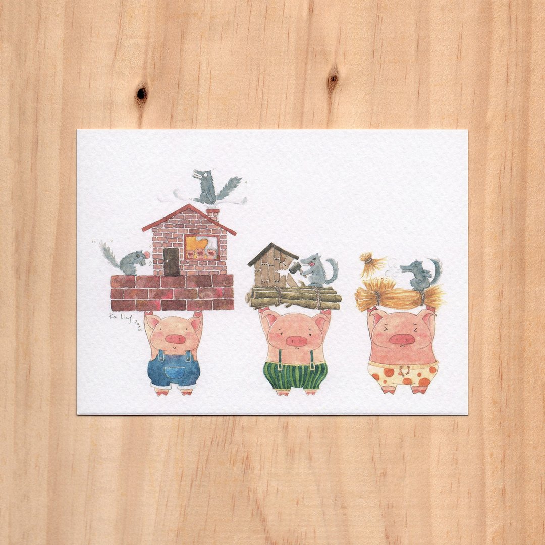 "中外民间传说 - 三只小猪" 水彩插画明信片 - 卡片/明信片 - 纸 