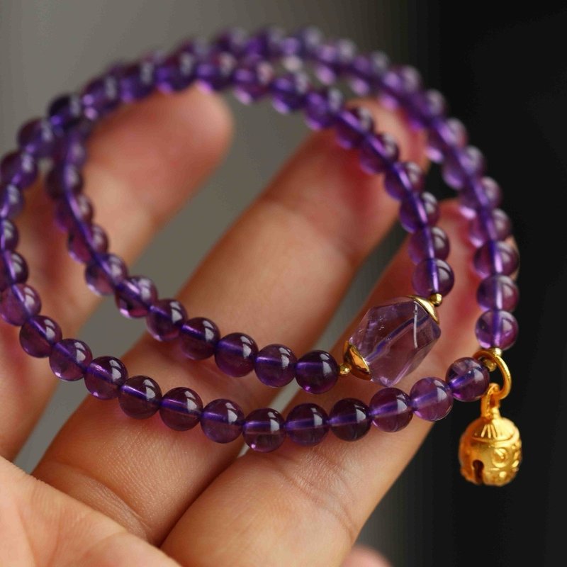 天然原矿紫水晶 紫水晶随形 鎏金吞金兽吊坠设计双圈手串手持s - 手链/手环 - 水晶 紫色