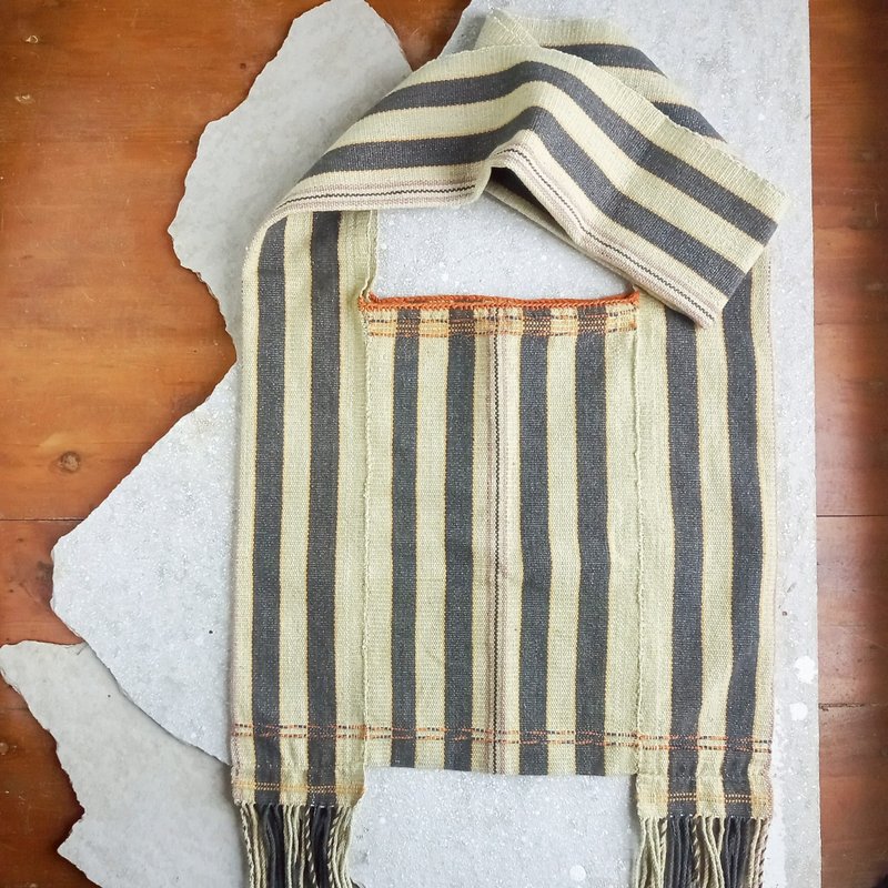 喀伦族植物染手织肩背包 / 芒果绿 × 灰色 条纹图案 / 手缝 独一无二逸品 - 侧背包/斜挎包 - 棉．麻 绿色