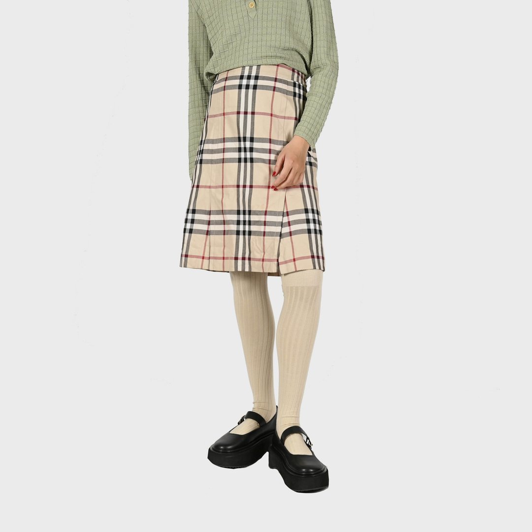 【蛋植物古着】Burberry格纹高腰A字古着裙 - 洋装/连衣裙 - 棉．麻 