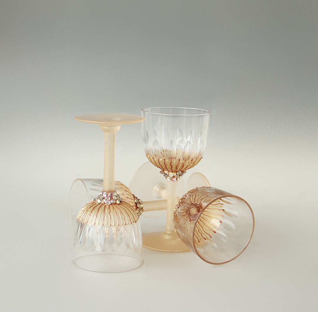 小酒杯，金色-玫瑰金水晶复古玻璃器皿 4 件套 - 酒杯/酒器 - 玻璃 金色
