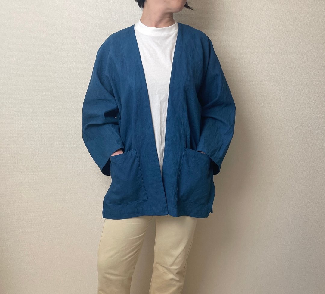 Made in Japan Hand-dyed Prepella woven canvas Indigo dyed haori good simple Haori aizome japanblue - 中性连帽卫衣/T 恤 - 棉 蓝色