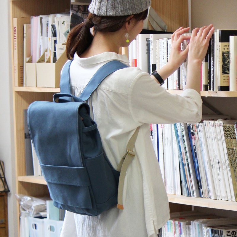 loiter: blue gray Takashima canvas rucksack - 后背包/双肩包 - 棉．麻 蓝色