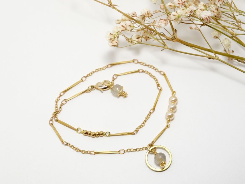 ．独创双链．Labradorite拉长石  双圈黄铜手链 定制化 金色 - 手链/手环 - 其他金属 金色