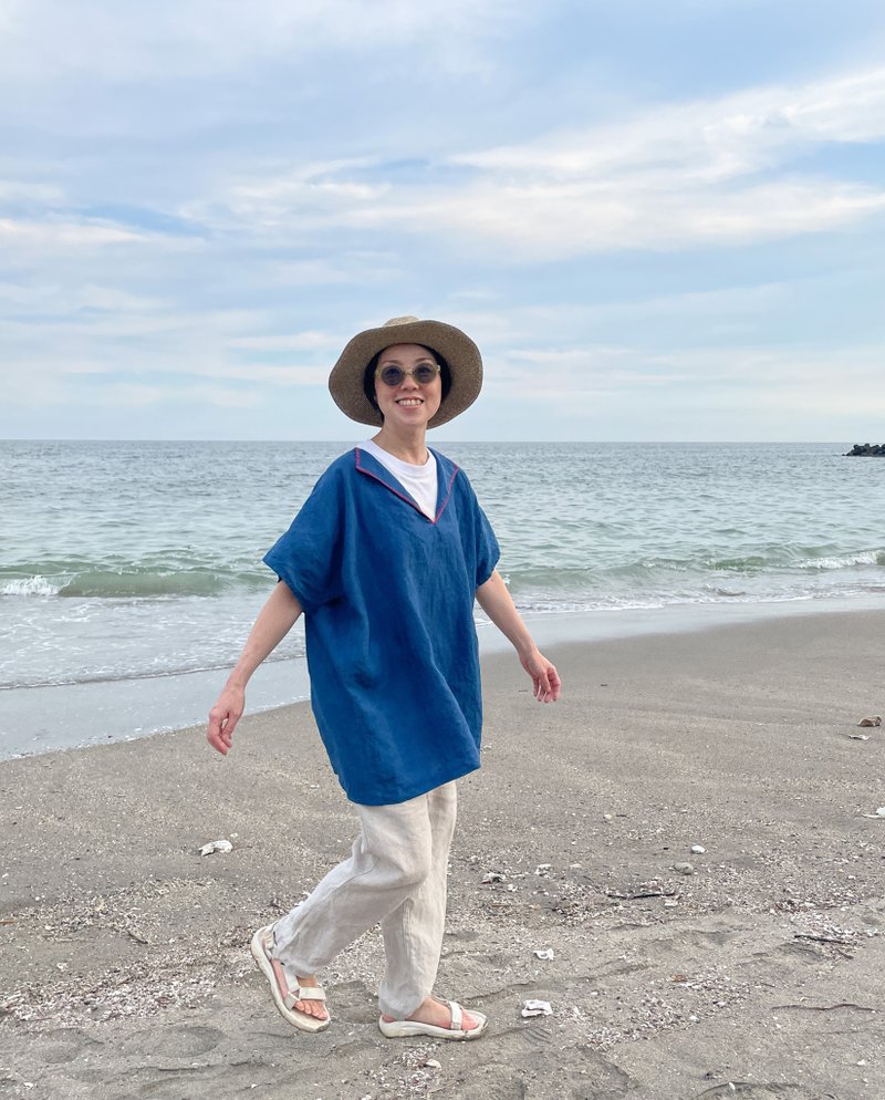 日本制 瑕疵品 蓝染法式亚麻套头衫 染色不均 Linen Poncho Dress JAPANBLUE Aizome - 晚装/礼服 - 棉．麻 蓝色
