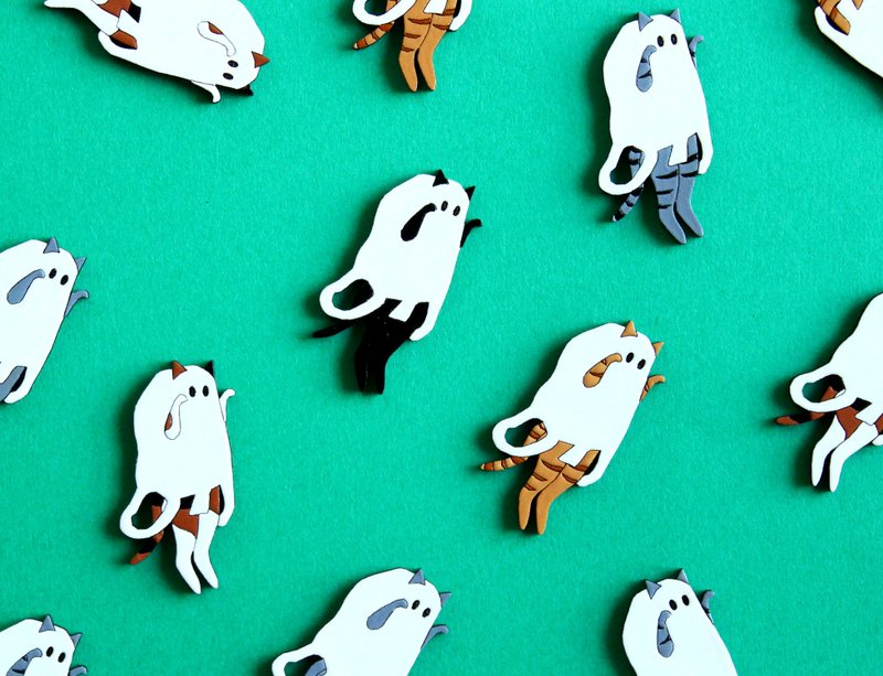 [New pattern added] Ghost cat / Wooden pins - 胸针 - 木头 白色