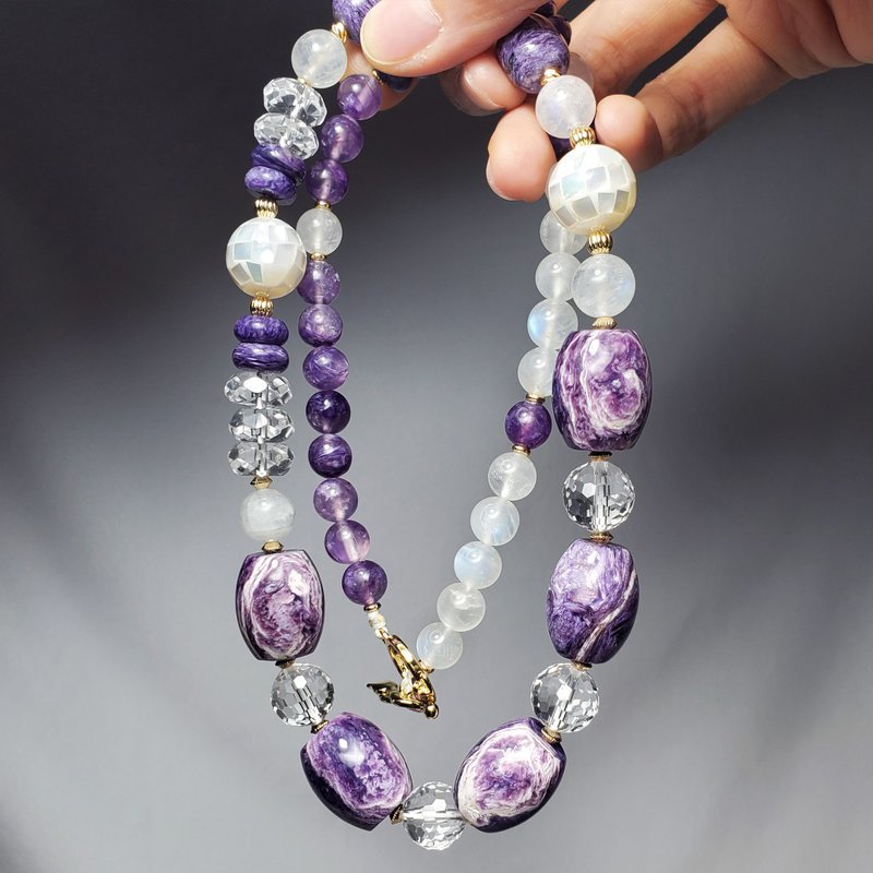 顶级紫龙晶 玫瑰纹 蓝月光 白水晶 珍珠母贝 智慧 项链 单品 礼物 - 项链 - 宝石 紫色