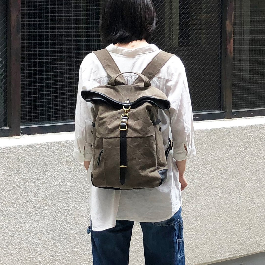 guide Olive Kurashiki Canvas x Tochigi Leather Backpack - 后背包/双肩包 - 棉 绿色