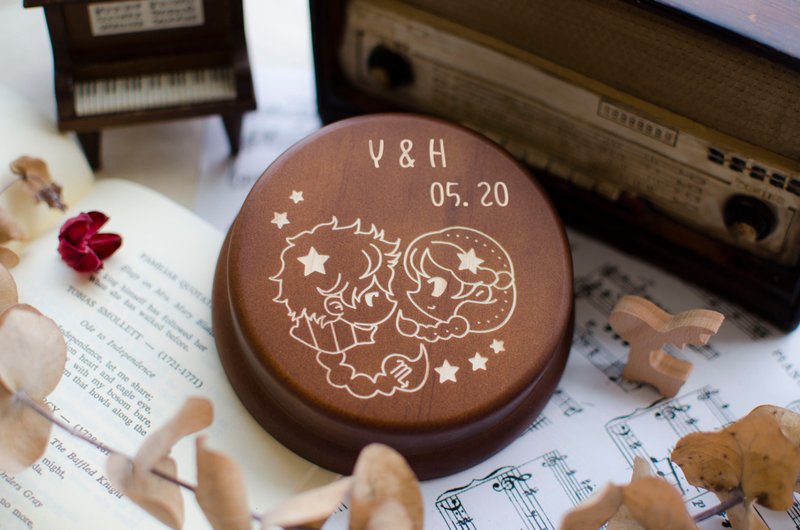 星座音乐盒 - 定制化刻字 - 摩羯 水瓶 双鱼 牡羊 金牛 双子 - 摆饰 - 木头 咖啡色