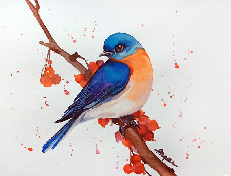 Watercolor original art bird room decor painting by Anne Gorywine - 墙贴/壁贴 - 纸 红色