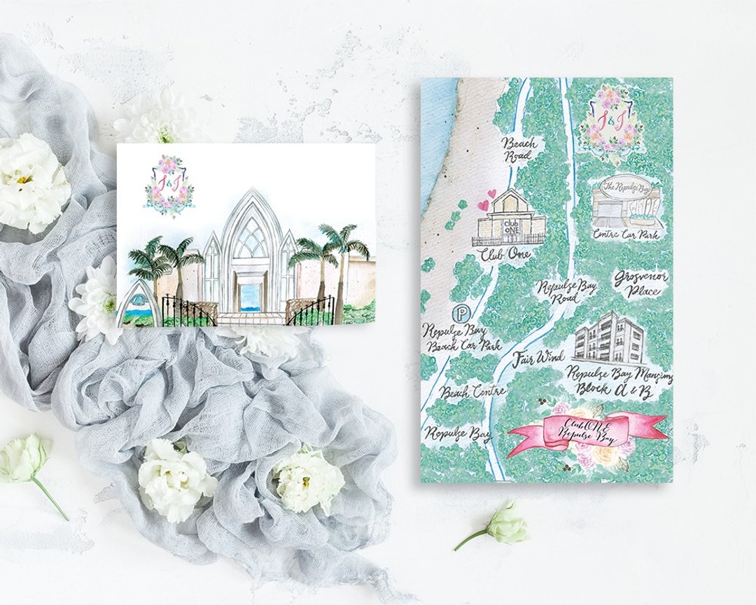 定制手绘水彩西式婚礼地图 Wedding map 地图卡 电脑档 - 喜帖 - 纸 白色