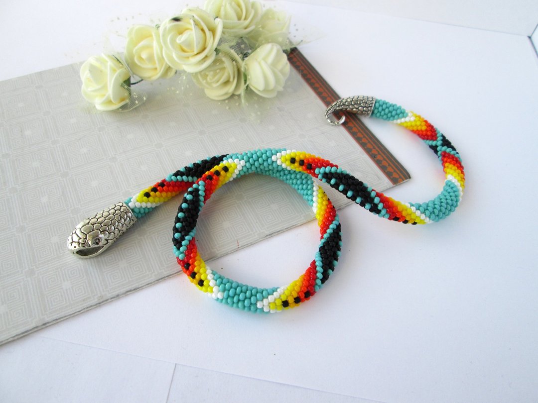 Blue Snake necklace bracelet Ouroboros jewelry Serpent rope Beaded necklace Stat - 手链/手环 - 其他材质 蓝色
