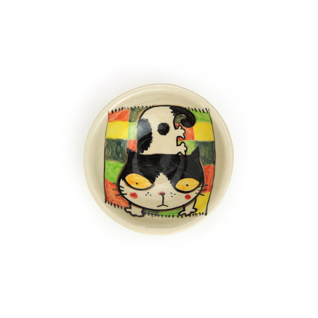 Nice Little Clay 碗 可爱黑白猫 0205L-15 - 碗 - 陶 白色