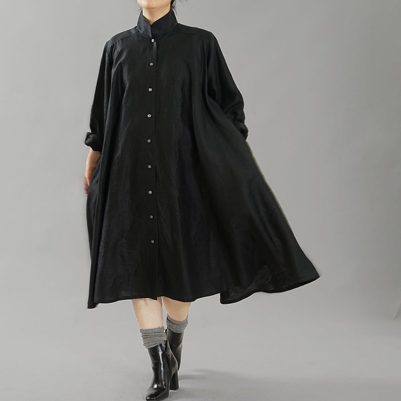 wafu - 純亞麻連身裙 Light Linen Shirt Flare dress / black a080a-bck1 - 洋装/连衣裙 - 亚麻 黑色