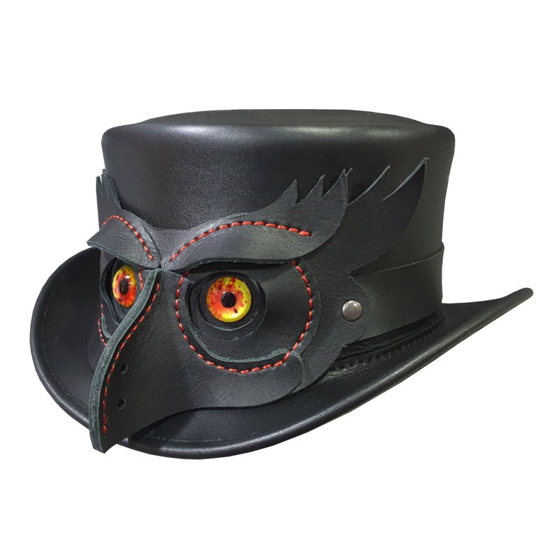 Owl Head Mask Band Leather Top Hat - 帽子 - 真皮 黑色