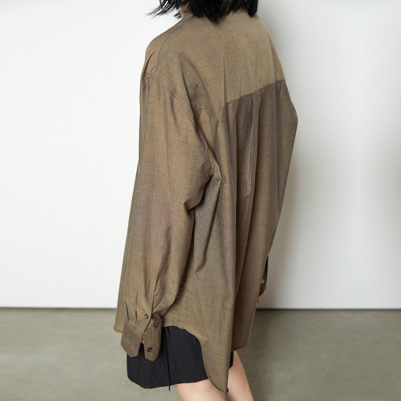 日本进口光泽双色纱棉烟草黄宽松中长款长袖廓形衬衫 杲果GAOGUO - 女装衬衫 - 棉．麻 卡其色