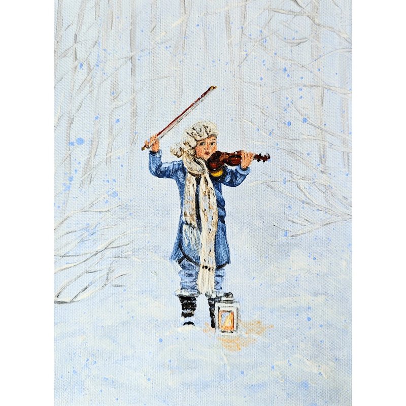 冬季森林中拉小提琴的小女孩 由 RinaArtSK 创作的布面原创绘画 - 墙贴/壁贴 - 其他材质 多色