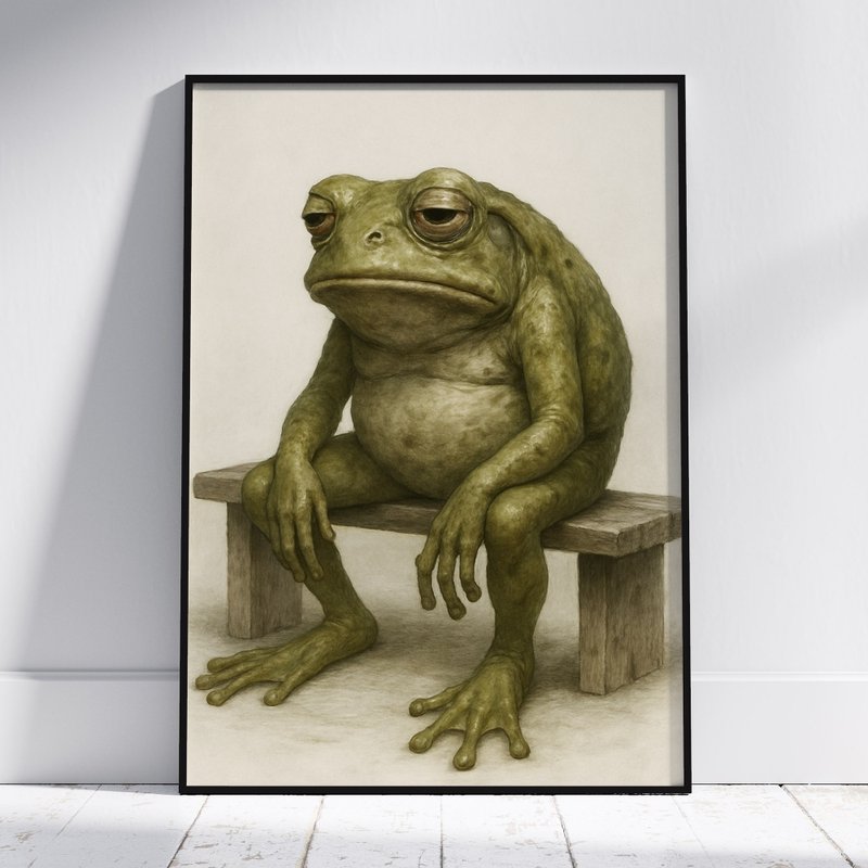 坐在长椅上的拟人化青蛙超现实风格动物插画艺术海报 - 电子手绘真人画像/绘画/插画 - 其他材质 