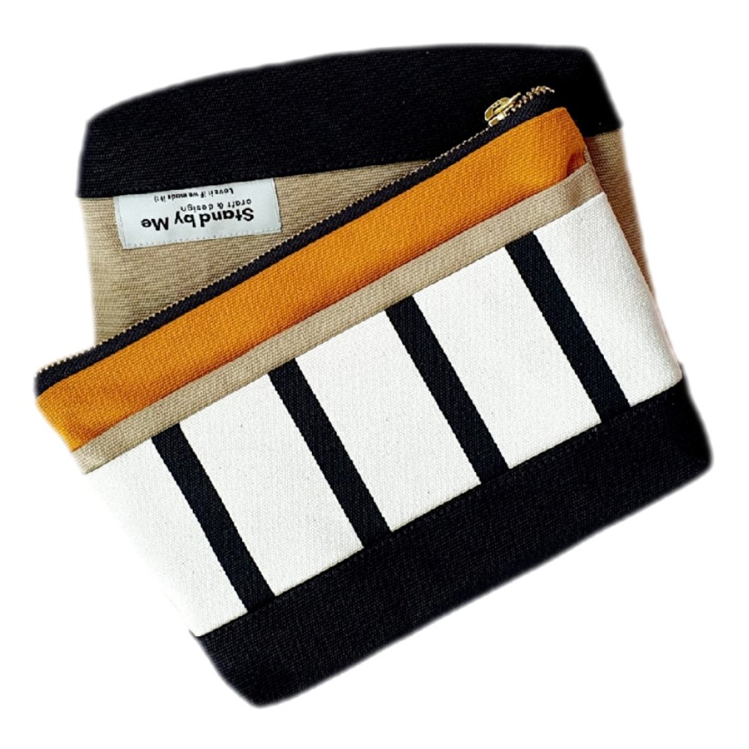 手拿包 Canvas pouch Lovely bag 黄芥末与卡其色条纹设计 YKK 拉链 化妆包 - 手拿包 - 棉 