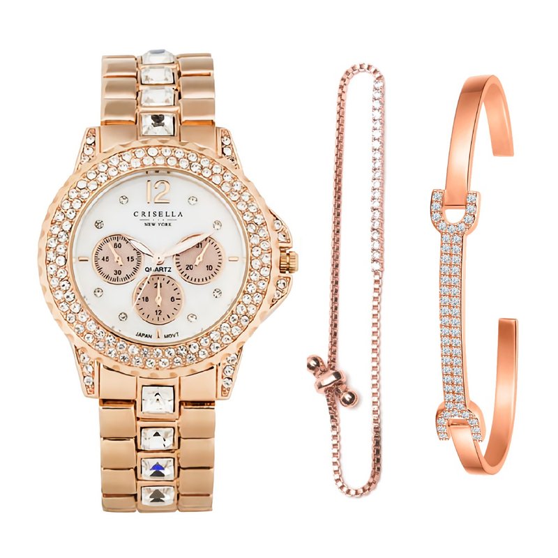 优雅闪烁锆石金属石英手表配闪烁手链手镯套装 - 女表 - 其他金属 多色