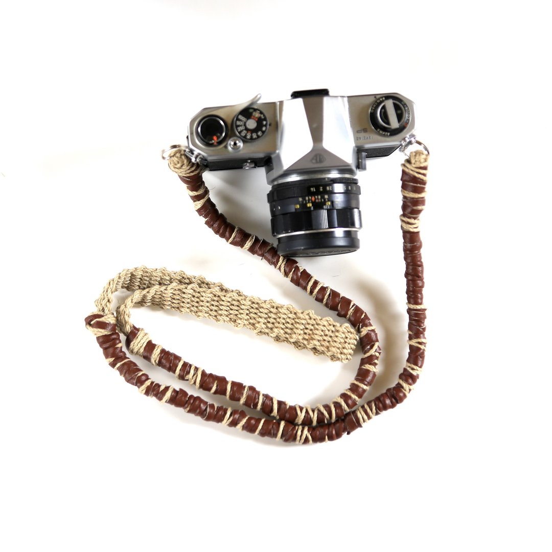 Faux leather and linen hemp camera strap / belt - 相机背带/脚架 - 棉．麻 咖啡色