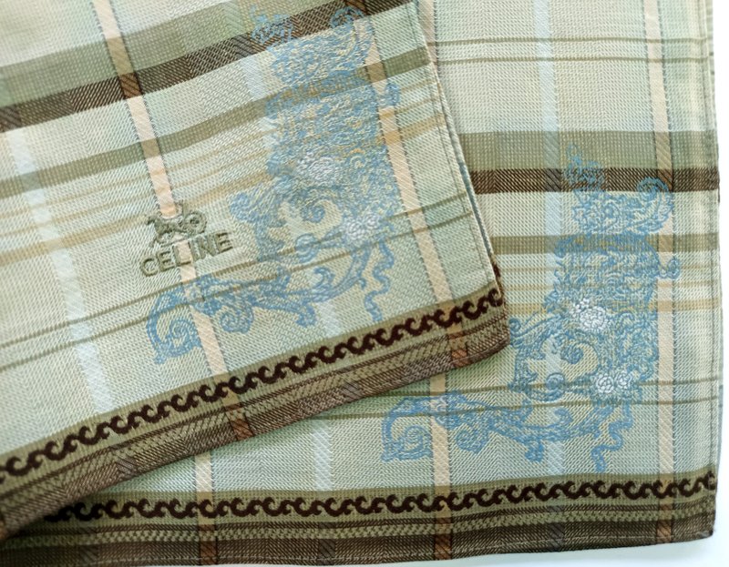 Celine 古董手帕 洛可可风格花卉卷纹 尺寸 18.5 x 17.5 英寸 - 手帕/方巾 - 棉．麻 卡其色