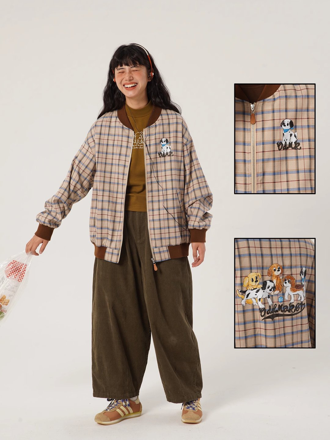 odd maker复古格子外套女秋季宽松街头设计感格纹棒球服夹克上衣 - 女装上衣 - 其他人造纤维 
