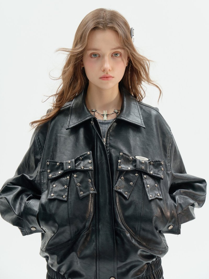 ziziFei春秋美式复古设计高级感蝴蝶结黑色机车夹克PU皮衣外套女 - 女装上衣 - 其他材质 黑色