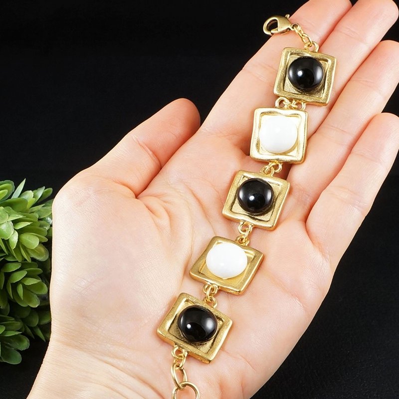 Black and White Glass Bracelet Golden Gold Plated Geometric Bracelet Jewelry - 手链/手环 - 玻璃 金色
