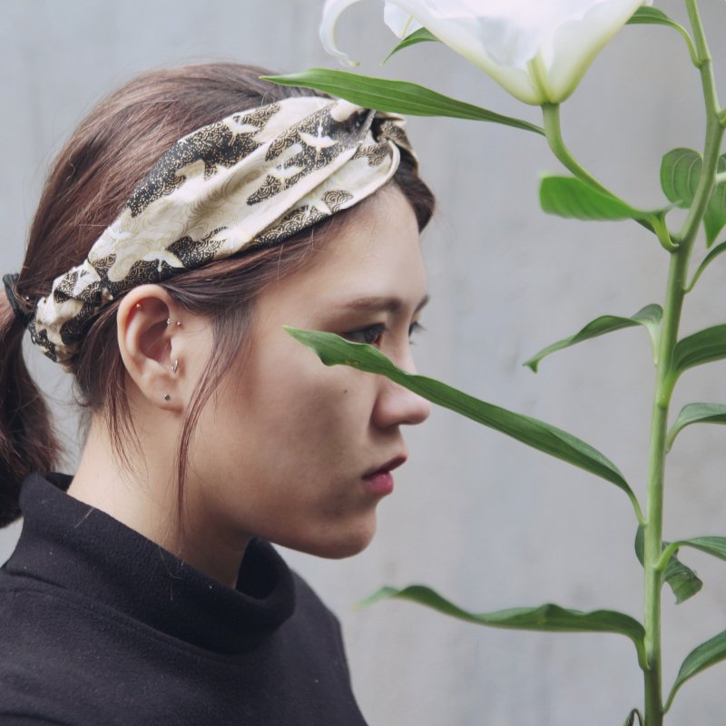 鹤  日本烫金布   十字 手工松紧发带 - 发带/发箍 - 棉．麻 黄色