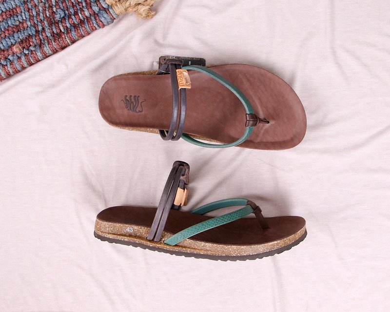 【男】蓝绿 - 压纹夹脚勃肯鞋 #U201 - 男款休闲鞋 - 真皮 绿色