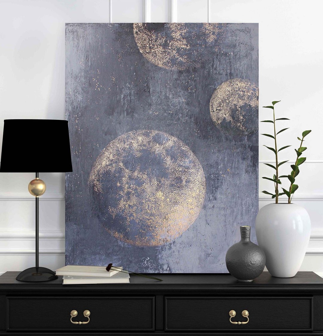 行星绘画 | 行星金色艺术 | 抽象太空绘画 | 金色行星 - 墙贴/壁贴 - 棉．麻 金色