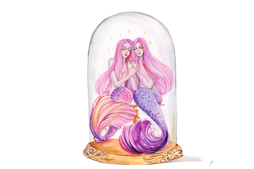 双子座绘画星座双子座原创艺术美人鱼水彩姐妹艺术 - 墙贴/壁贴 - 纸 粉红色
