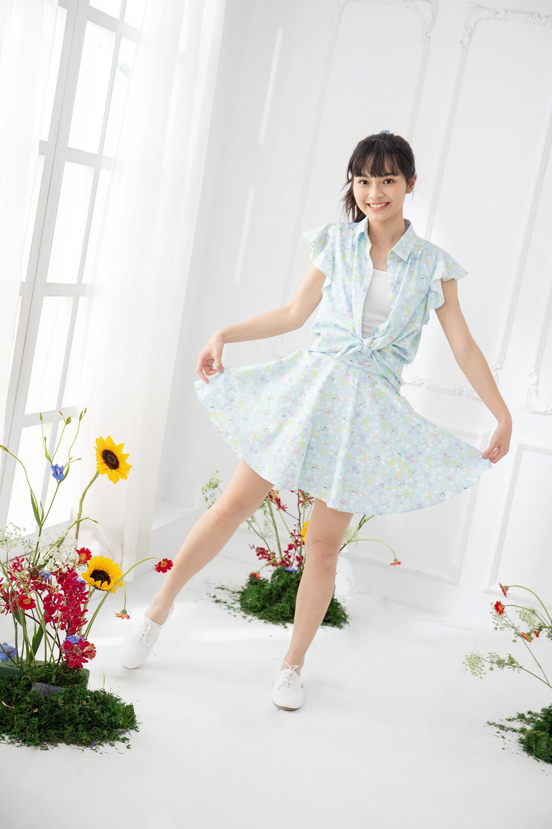 【波丽印花】夏天少女 飘逸太阳裙 防走光内里 北海道合谷色 - 裙子 - 棉 蓝色