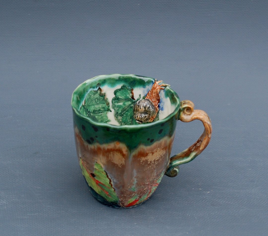 Snail Surprise mug Handmade green cup Art mug Figurine inside Ceramic coffee cup - 咖啡杯/马克杯 - 陶 多色