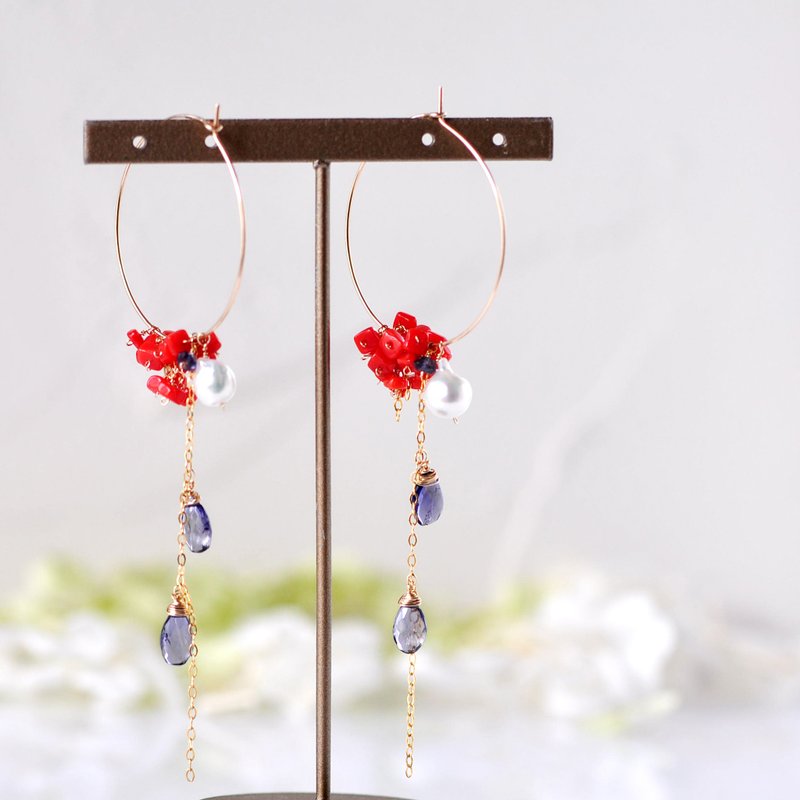 Red Lumiere 撒丁岛红珊瑚 x 堇青石 x 阿古屋巴洛克珍珠 3WAY耳针 - 耳环/耳夹 - 宝石 红色